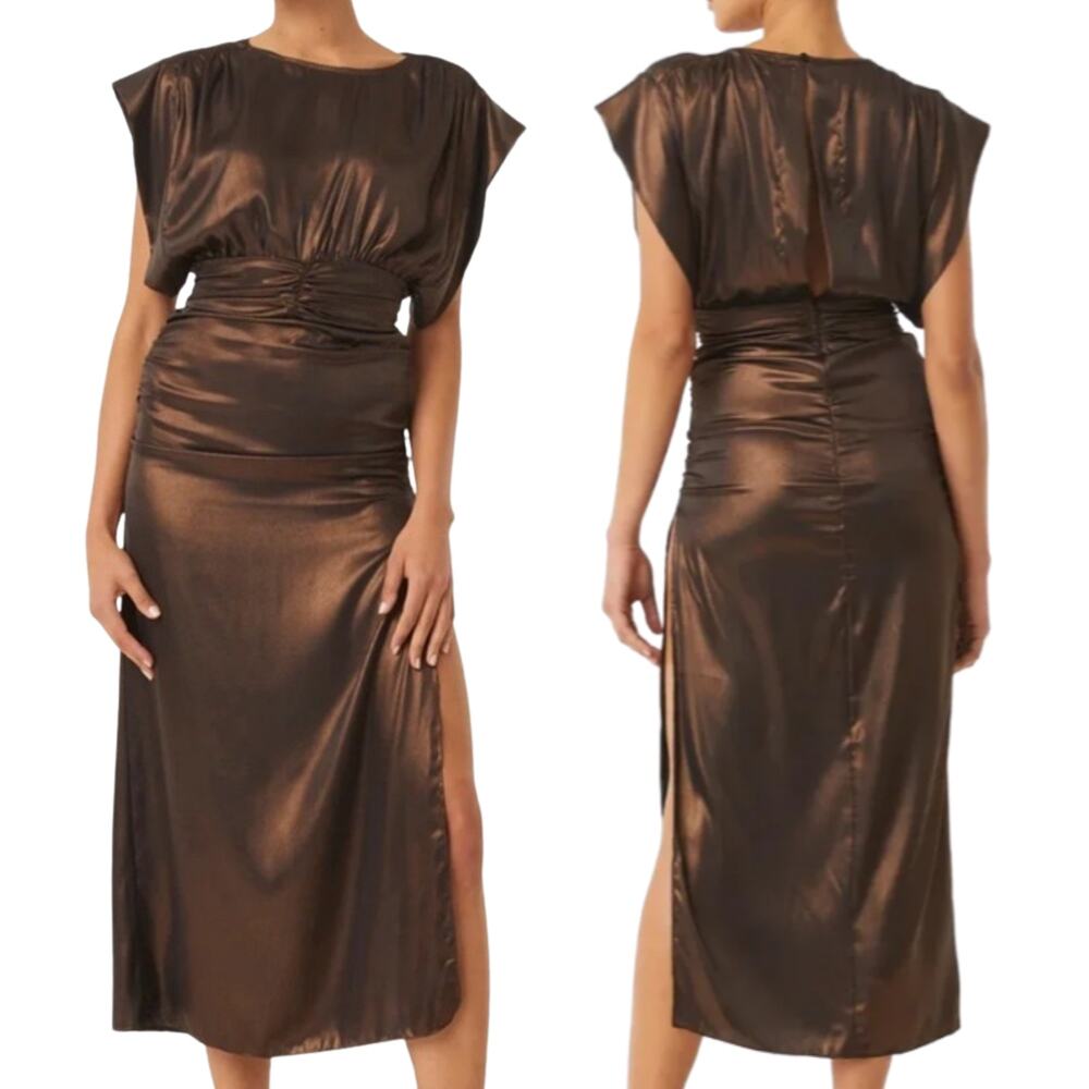 MISA Los Angeles Midi Dress Ruched Satin Cocktail Formal Party Evening Prom XS